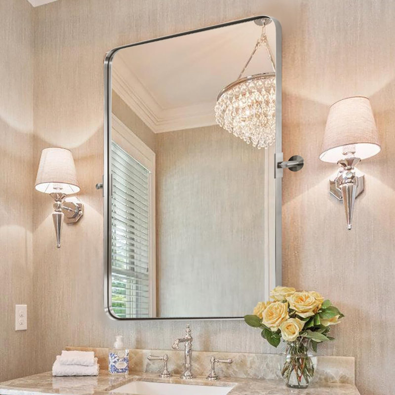 Modern Tilting Bathroom Vanity Wall Mirror | Stainless Steel Pivot Frame, 30" x 22" , Brushed Nickel