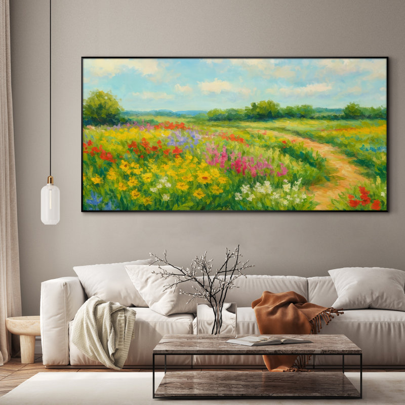 Impression sur toile extra large - "Blooming Meadow", art floral paysage avec sentier de campagne, décoration pour le salon ou la chambre à coucher - "Assemblage requis du cadre (cadre non fini)"