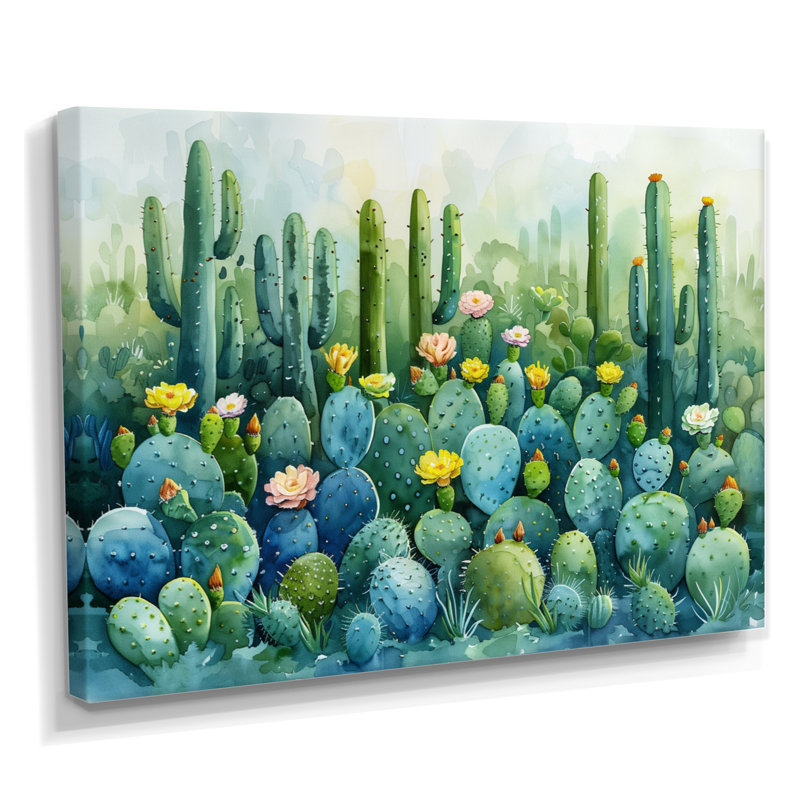 Vert, vert, désert, jardin de cactus - impression de cactus floral, H 30 po x l 40 po x P 1,5 po, Toile tendue