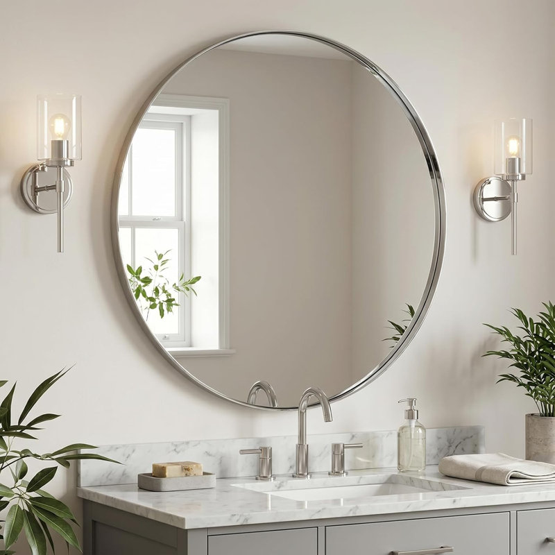 Kaitlee Modern Round Bathroom Vanity Wall Mirror | Stainless Steel Frame, Polished Chrome, 24" x 24", Round