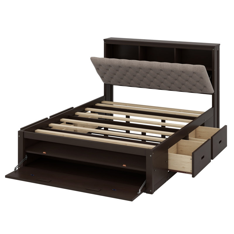 Lit plateforme en bois avec tête de lit, étagère à chaussures et tiroirs, Espresso
