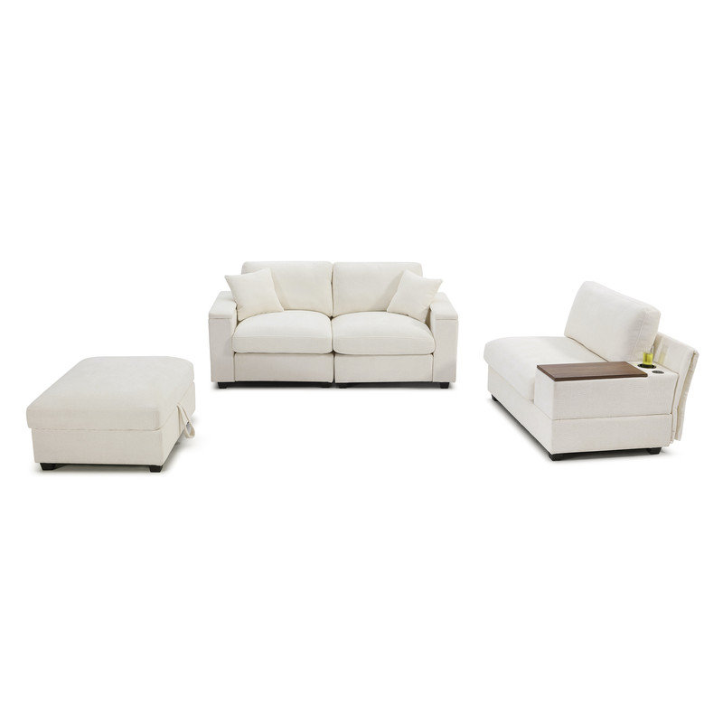 Canapé modulaire en L avec table pivotante à 360 °, caractéristiques de chargement et de rangement USB, Lin beige