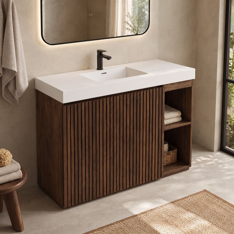 Meuble-lavabo autoportant cannelé en chêne fumé 48 po avec rangement, tablettes réglables et design moderne 48 po, Noyer brun