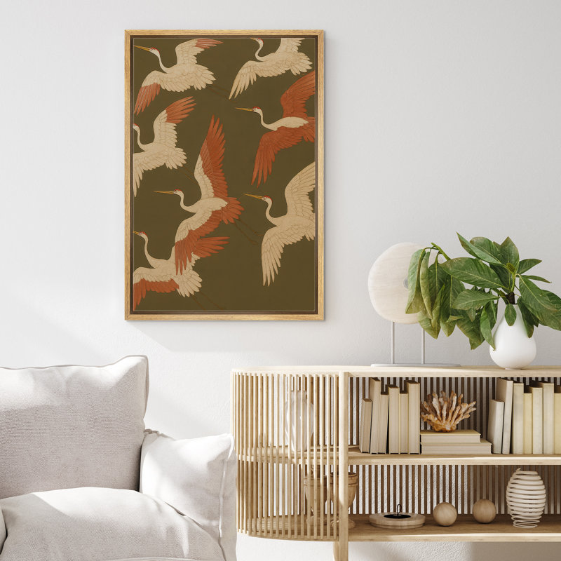 «Flying Cranes Group Art», reproduction d'art sur toile encadrée, H 36 po x l 24 po x P 1,5 po, Cadre naturel