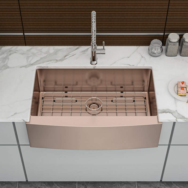 30" Rose Gold Kitchen Sink, 16 Gauge Stainless Steel, And Heat , With Hygienic Surface Drain System 30 Inch Steel Apron Front Gauge, Smooth Easy To Clean, Coating Strainer
