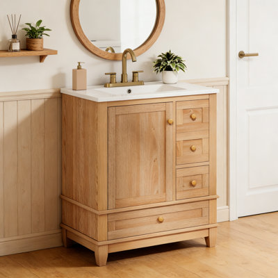 Meuble-lavabo de 30 po avec lavabo en céramique, armoire de salle de bain autoportante avec grain de bois naturel, pieds en bois d'hévéa massif, portes et tiroirs à fermeture en douceur, grand espace de rangement, couleur bois naturel