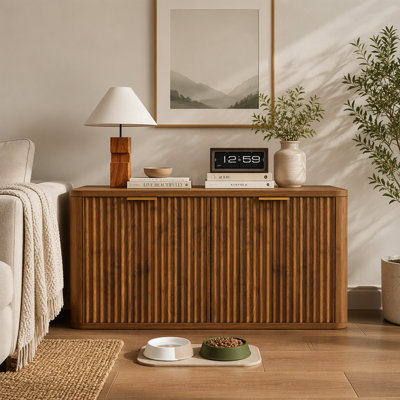 Meuble pour litière pour chat 31,5 "en noyer, grande armoire de litière cachée décorative, table de bout cannelée de style Mid-Century moderne pour le salon, la chambre à coucher et le vestibule (Noyer)