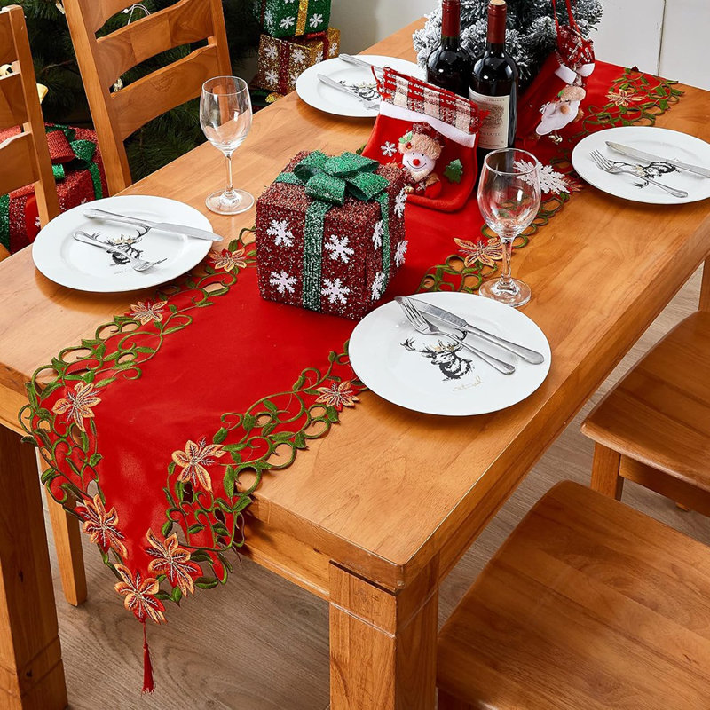 Christmas Embroidered Table Runner Cutwork Green Leaves Holiday Table Linens For Christmas Decorations 15X69 Inch