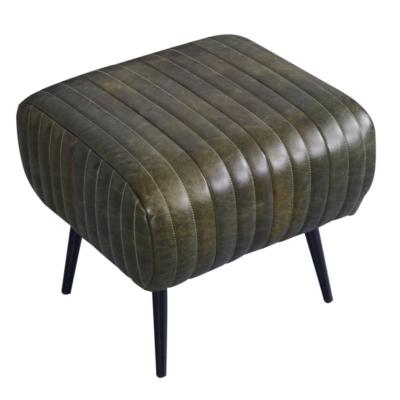 Marquette Top-Grain Leather Ottoman, Olive Green