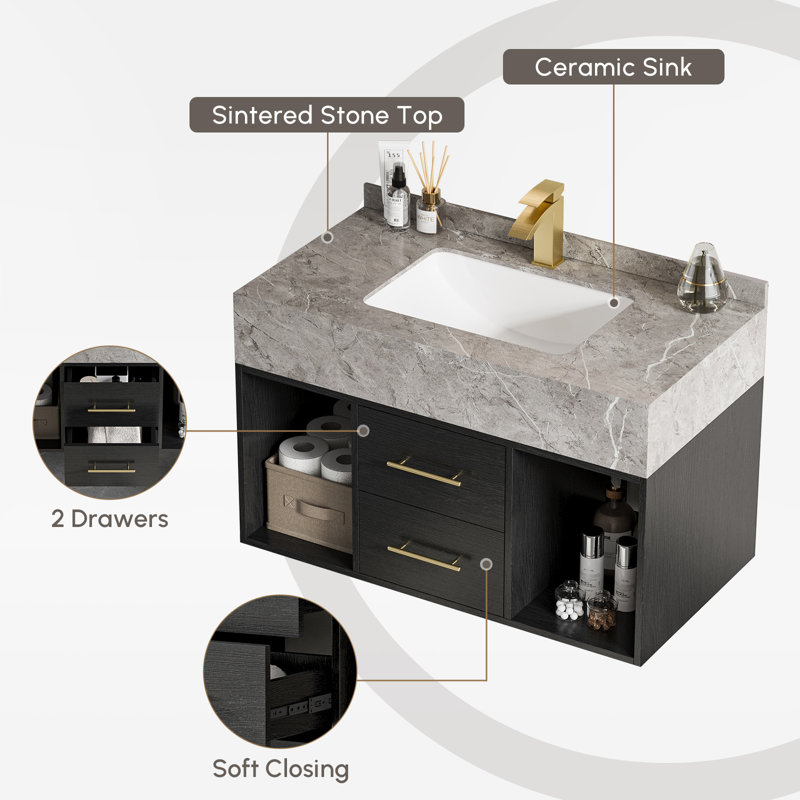 Chiverton Bathroom Vanity Set 35.4" Modern Floating Wall-Mounted Vanity with Sintered Stone Undermount Sink, Black/Gold, Grey