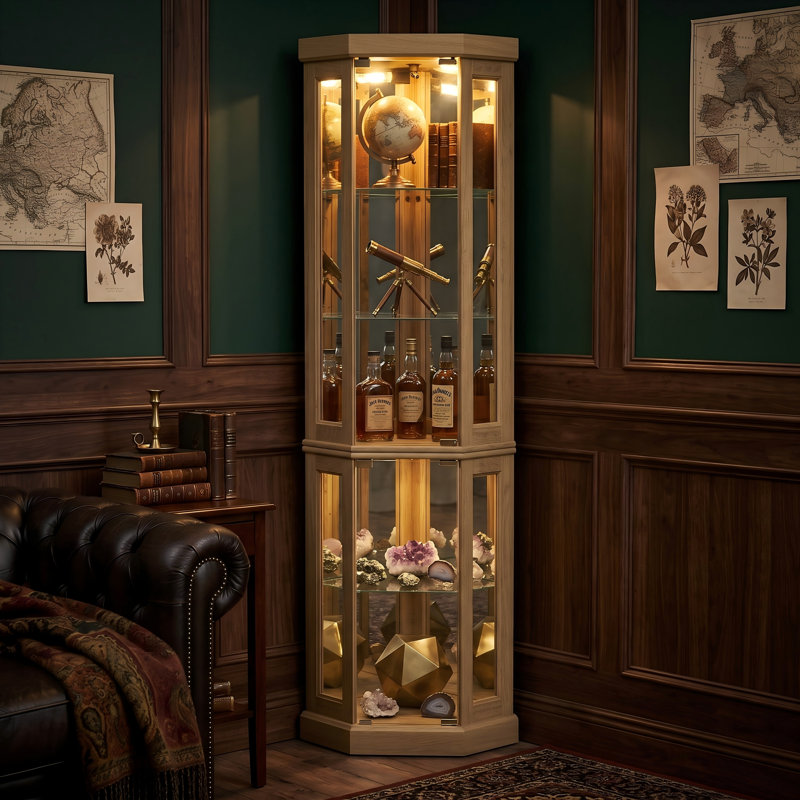 Vitrine de coin lumineuse en chêne blanc, Chêne