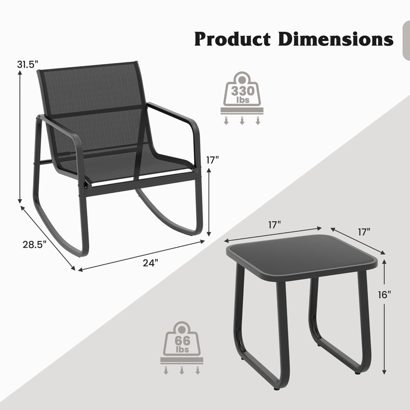 Ebern Designs 3 Piece Rocking Bistro Set Patio Furniture Set w/ 2 Rocking Chairs & Glass-Top Coffee Table