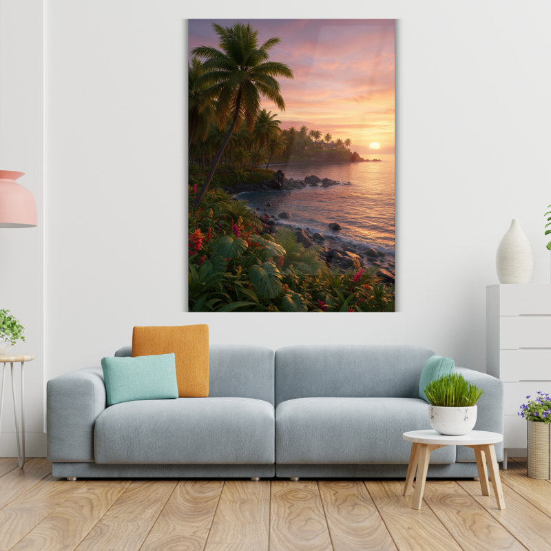 Art mural en verre trempé Tropical Beach Sunset, H 30 po x l 20 po