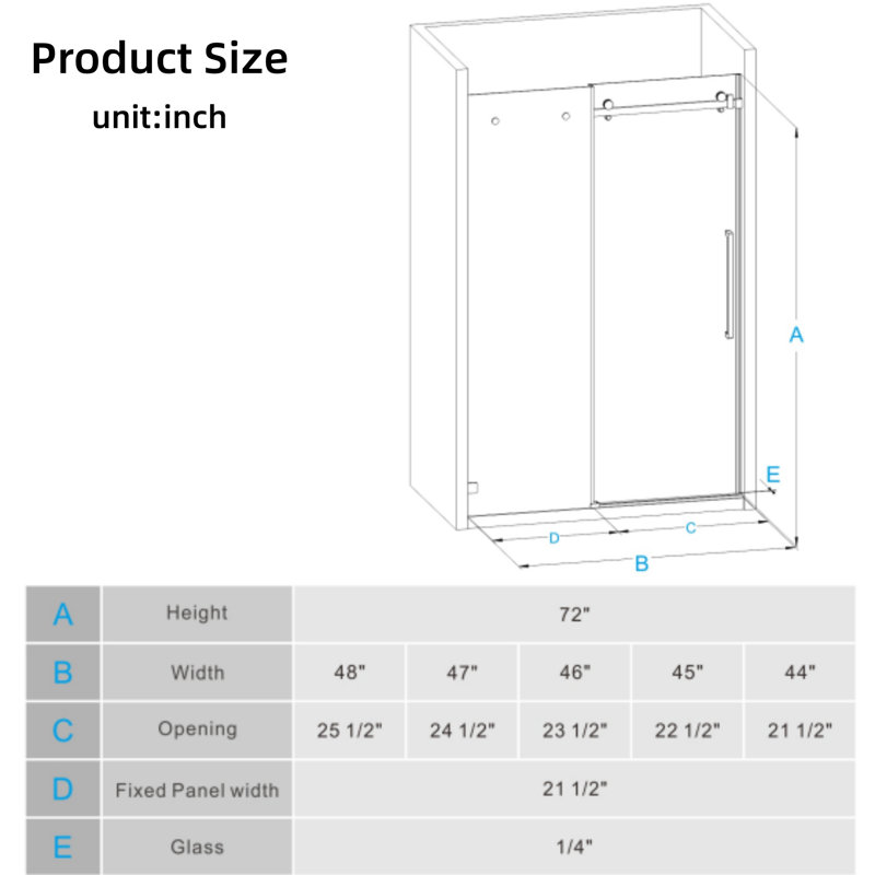 48-Inch Wide X 72-Inch Tall Frameless Shower Door, Smooth And Quiet Sliding Glass Door, 1/4-Inch (6 Mm) Thick Tempered Clear Glass, Chrome-Plated