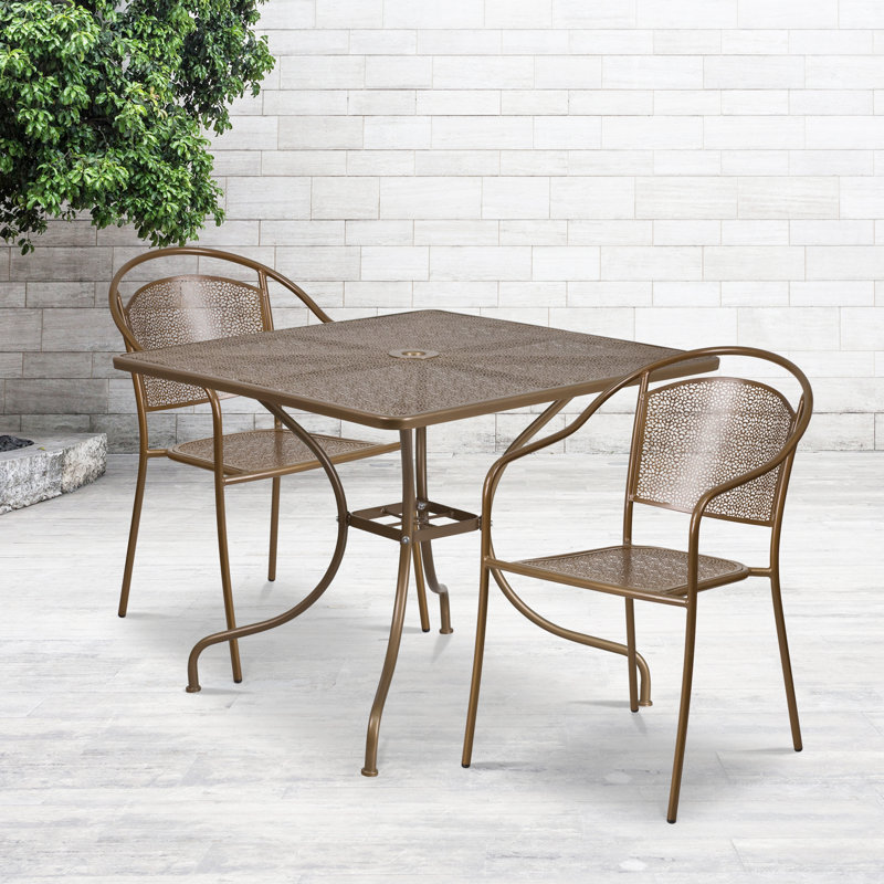 Ledoux 35.5'' Square Indoor-Outdoor Steel Patio Table Set with 2 Round Back Chairs, Gold