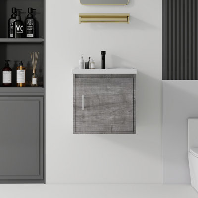 Meuble-lavabo flottant 20 po avec lavabo, porte à fermeture en douceur, évier en céramique, contreplaqué, gris