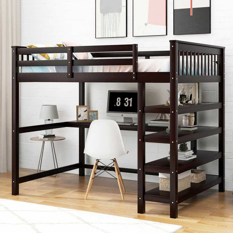 Solid Wood Loft Bed with Under-bed Desk, Brown