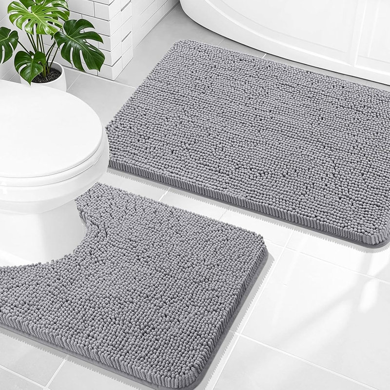 Ensemble de tapis de salle de bain 2 pièces, tapis de bain en chenille absorbant doux et tapis de toilette en forme de U, tapis de salle de bain lavable à la machine, gris