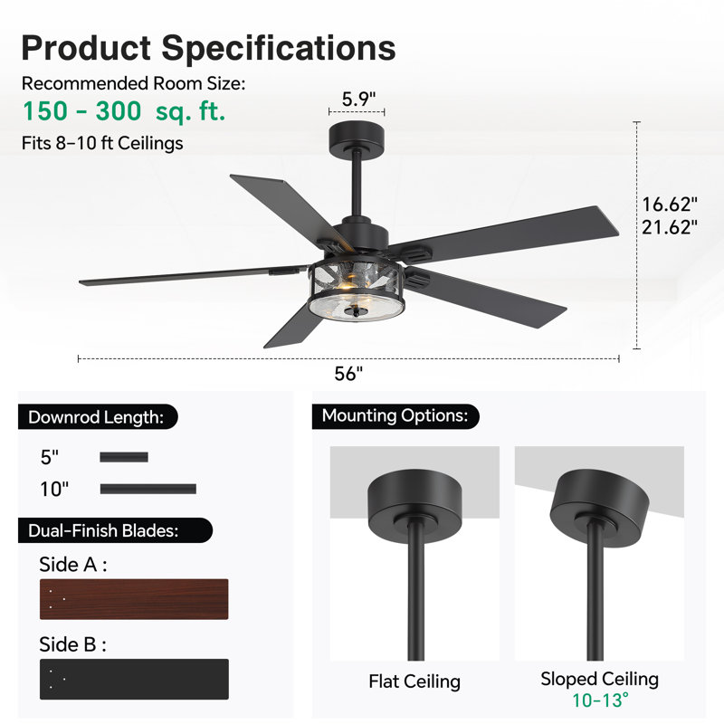 56" Ceiling Fan with Lights and Remote, 5-Blade Modern Ceiling Fan, 2-Light E12 Fixture, 6-Speed Reversible DC Motor, Black/Walnut Finish