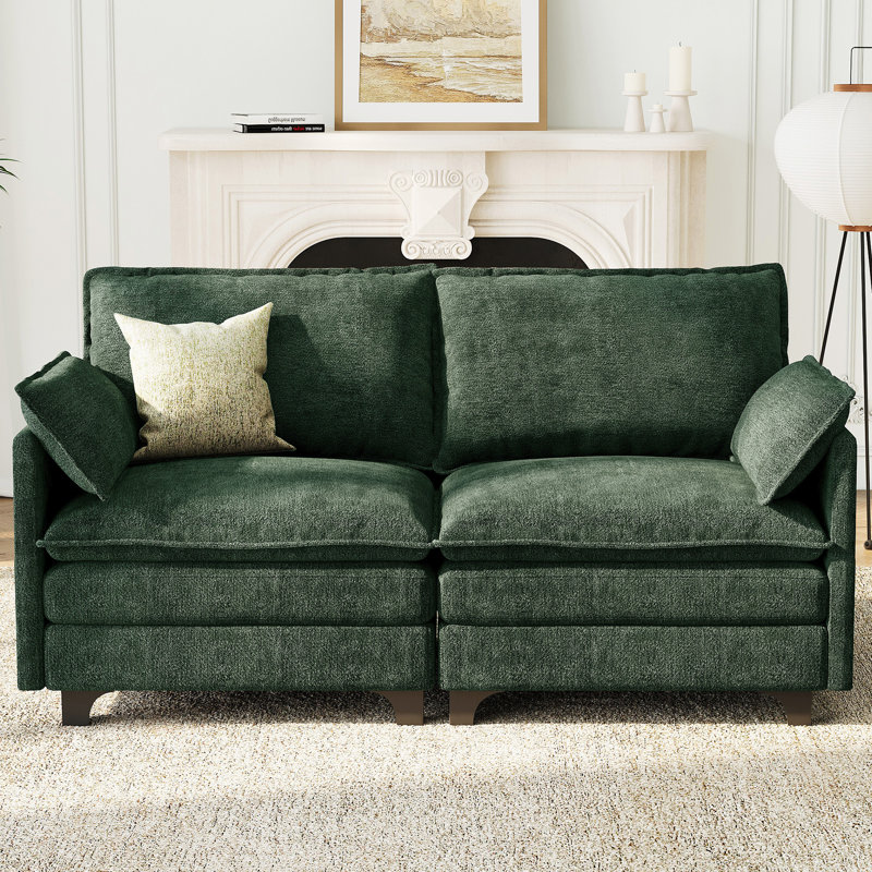 Modern Chenille Loveseat with Durable High-Density Foam and Two Throw Pillows, Green