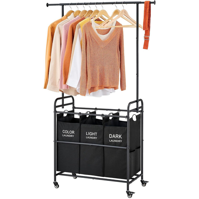 Chariot de tri de linge avec support suspendu, trieur de linge 3 sections, panier à linge avec roulettes verrouillables robustes, noir