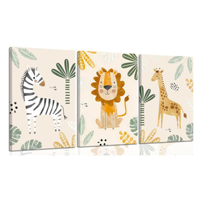 3Pcs Framed Safari Animals Canvas Wall Art Inspirational Animal Lion Giraffe Zebra Poster Print Jungle Animal Painting Picture Wall Decor For Nursery Baby Children's Room Bedroom Home Decoration