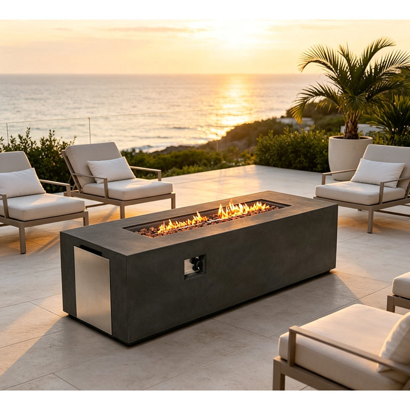 70 inch Rectangle Concrete Large Fire Pit Table, Black