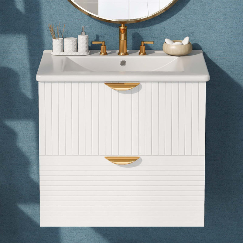 Meuble-lavabo mural moderne à 2 tiroirs, Blanc
