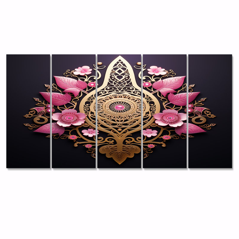 «Pink Flowers Golden Persian Geometric Emblem - Botanicals», art mural 5 pièces, H 32 po x l 80 po