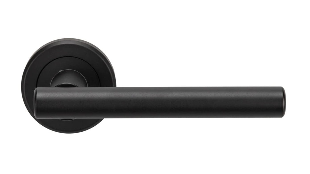 Straight T-Bar Key Lock Door Handles on Round Rose in Stunning Matte Black Finish 3 Lever Mortise Lock and 1 Pair of Ball Bearing Hinges