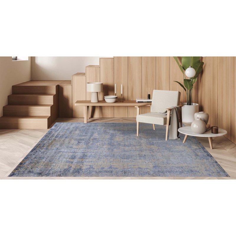 Tapis rectangulaire en laine / viscose noué à la main gris / jaune / bleu, Rectangle 8 pi x 10 pi