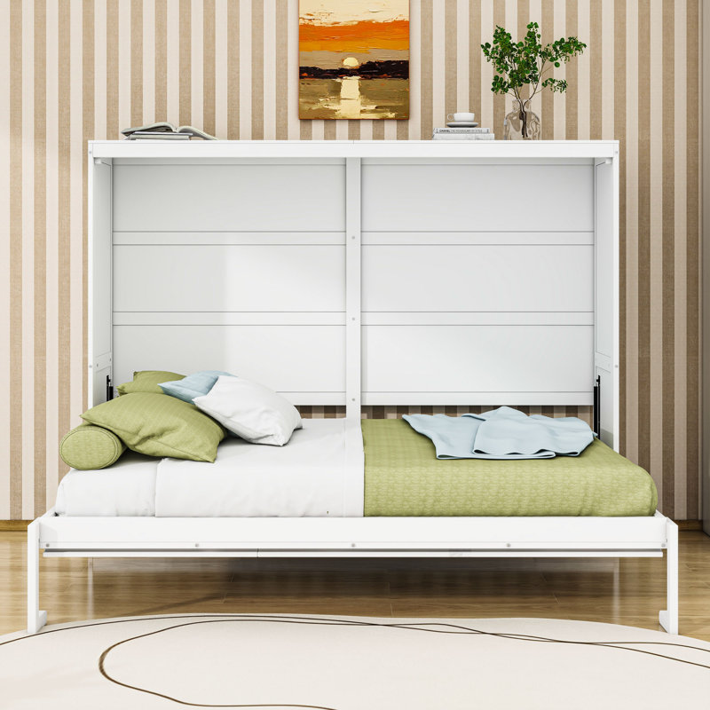 Lit escamotable en bois avec lattes de soutien, Blanc, Grand