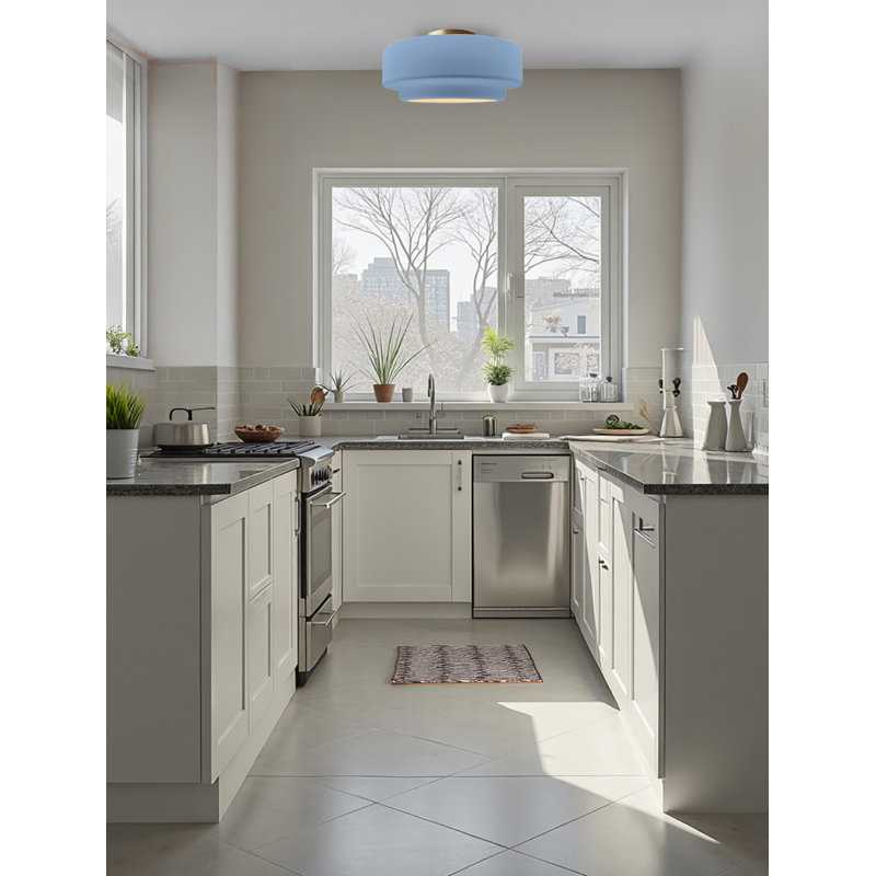 Plafonnier semi-encastré en céramique Dottie, Bleu ciel, Laiton brossé, H 7 po x l 12 po x P 12 po