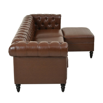 U-style 85" Modern 4-Seater L-Shaped Sectional Sofa with Storage Ottoman, Modular PU Leather Couch with Tufted Back, Rivet-Decorated Curved Armrests a