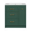 Ensemble de meuble-lavabo classique vert forêt de 30 pouces avec trois tiroirs, une double couche et de longues poignées dorées pour les petites salles de bain-116332441