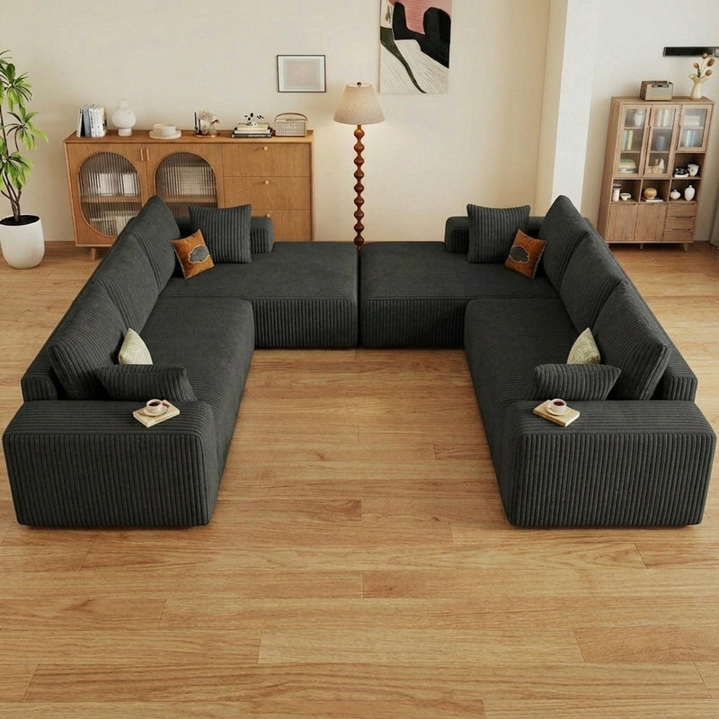 2 pièces Canapé modulaire en forme de L de 95 po en forme de L, canapé sans dossier en velours côtelé avec assise profonde, sans assemblage requis, noir