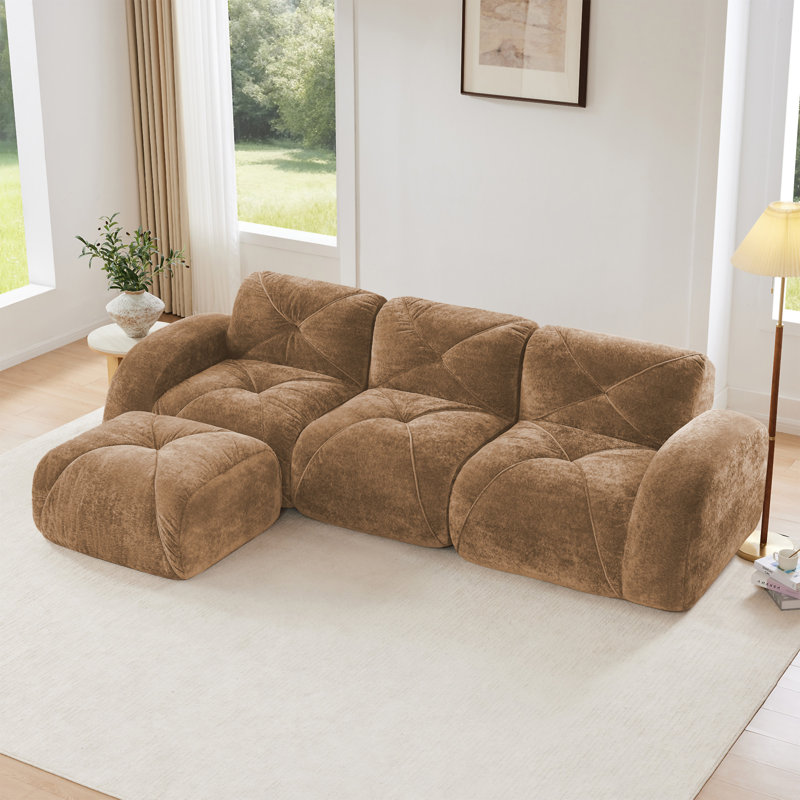 Tissu en velours doux en forme de L, H 29,9 pox L 110,6 po L x 67,3 po P, Chameau