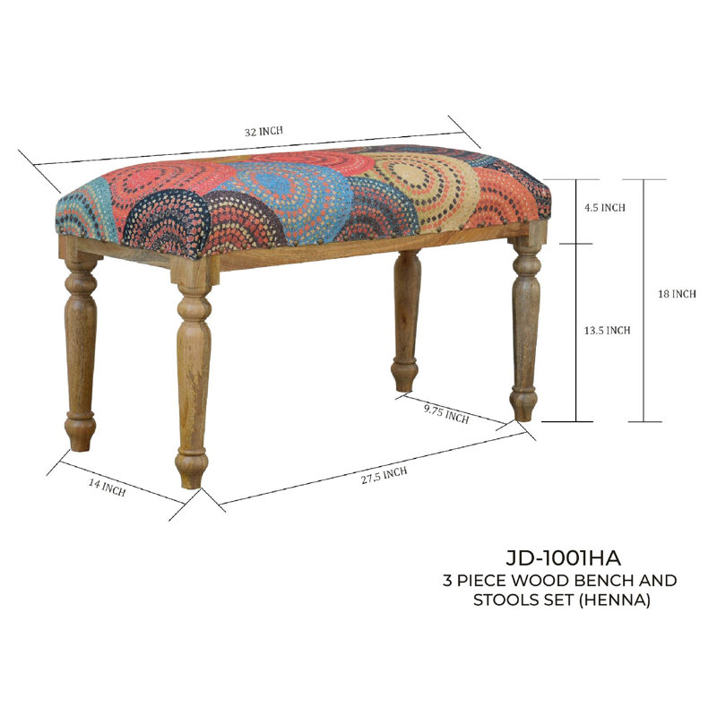 Ensemble de banc et tabourets en bois 3 pièces (henné), Brun floral, Brun clair
