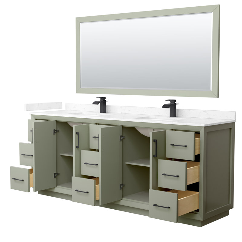 Ensemble de meuble-lavabo double 84 po avec miroir Strada, Carrara, Vert clair, Noir, noir, noir, noir