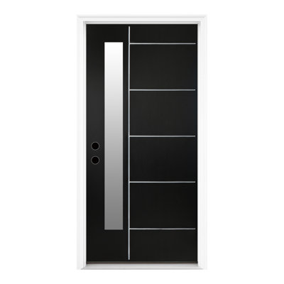 36 In. X 80 In. Right-hand Flush 6 Lite Frosted Glass Black Finished Fiberglass  Front Door With Threshold, Hinge