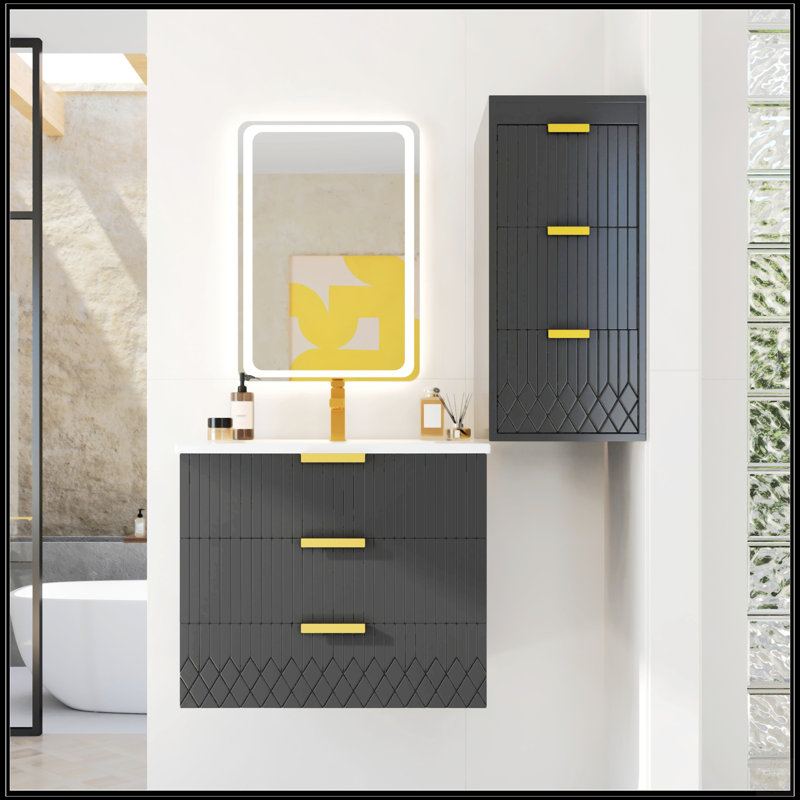 Armoire de salle de bain flottante murale de 24 pouces avec armoire latérale, lavabo en céramique et trou de robinet simple, conception moderne et peu encombrante