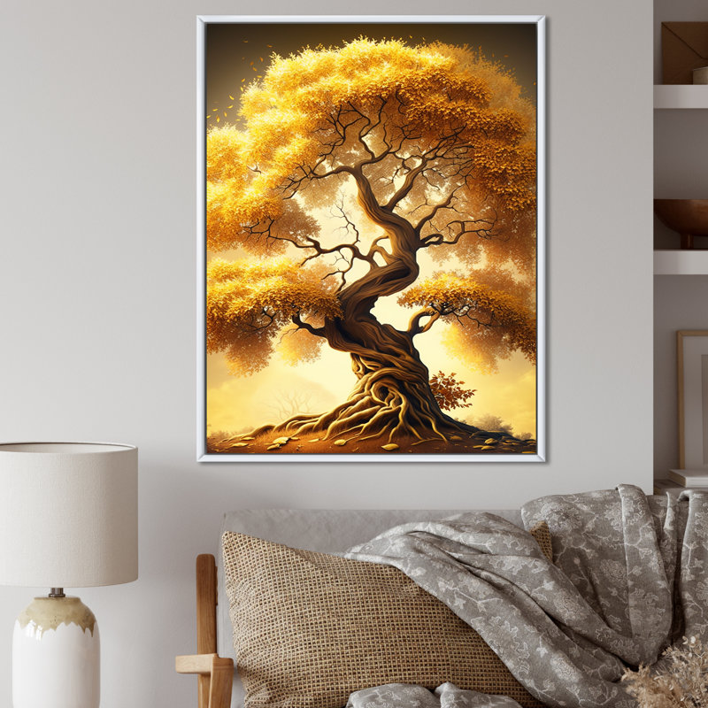 «Majestic Yellow Golden Tree I» sur toile, Cadre flottant blanc, H 20 po x l 12 po x P 1 po