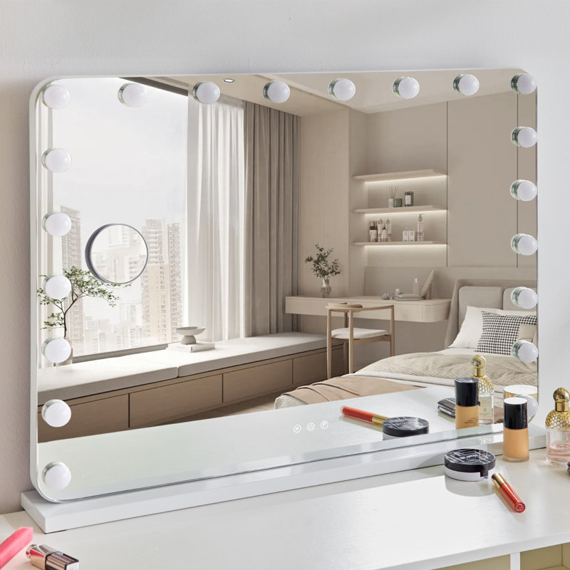 Asdur Vanity Mirror with Lights, Hollywood Mirror for Bedroom, Tabletop or Wall-Mounted, 10x Magnifying Lighted Makeup Mirror with 20 Dimmable LED Bulbs, 3 Colors Modes & USB Charger, White
