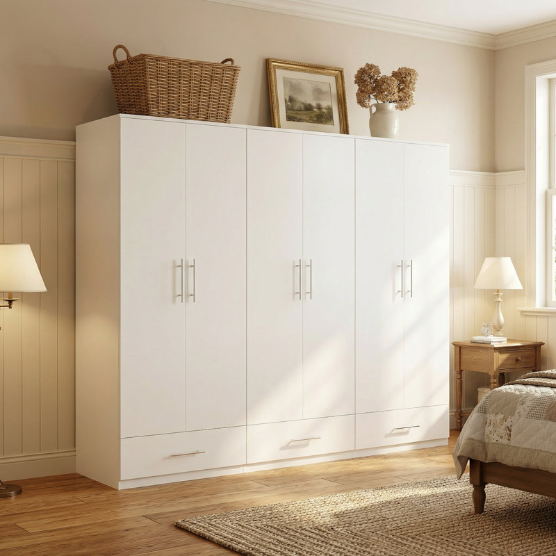 Armoire penderie 6 portes 94,5 po de largeur avec 3 tiroirs, Blanc/naturel