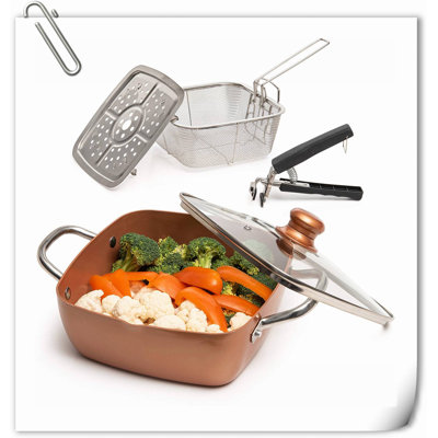 Ensemble de batterie de cuisine 5 pièces Chef en cuivre, poêle à frire antiadhésive de 9,5 po, panier à friture, support pour cuiseur à vapeur, va au lave-vaisselle et au four, poêle carrée de 5 pintes de profondeur, batterie de cuisine à inducti