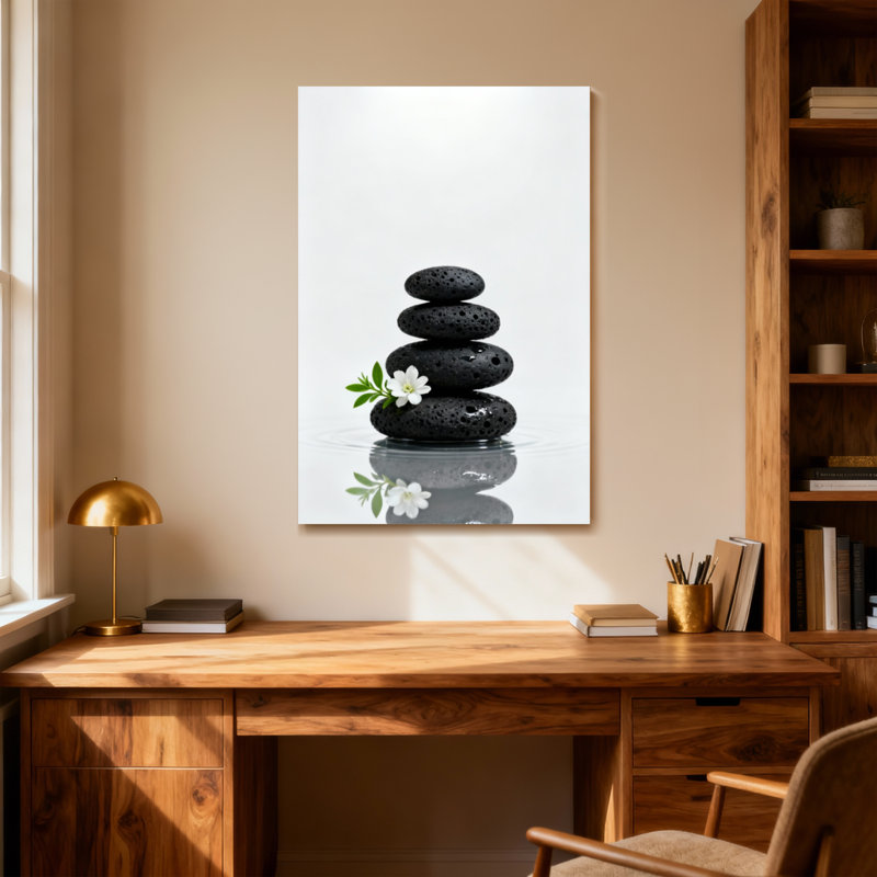 Bain et lessive pierres noires empilées avec reflet de fleurs blanches, H 18 po x l 12 po