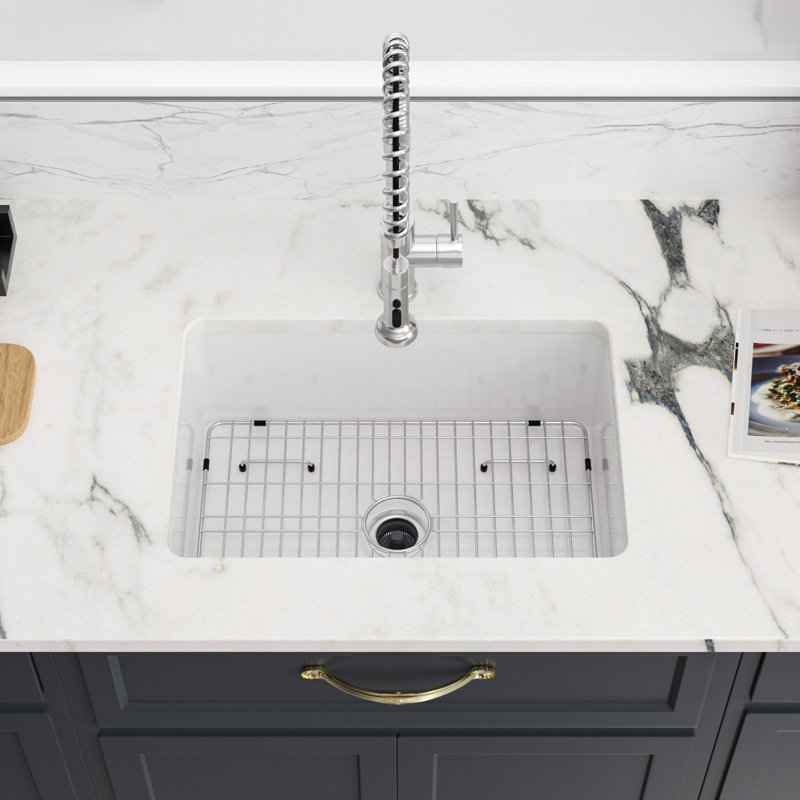 Ceramic 30" L x 18" W Rectangular White Single Basin Fireclay Undermount/Drop-In Kitchen Sink with Sink Grid and Strainer