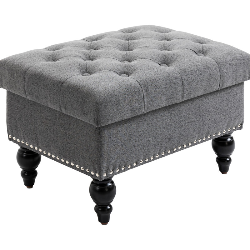 25-Inch With Removable Lid And Button- Upholstered Seat, Gray Linen Bench For Living Room Footrest Wood Legs Studded Trim Lid, 25" Decorative