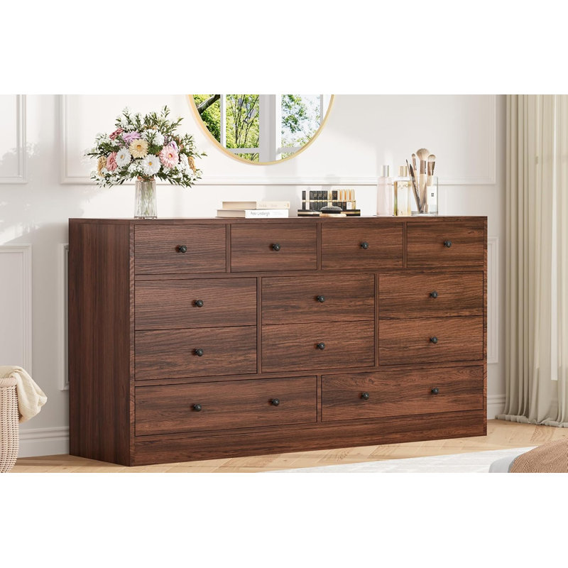 12 Drawer Dressers, Chests Of Drawers, 61'' Wood Storage Drawer Dresser With Power Outlet, Brown