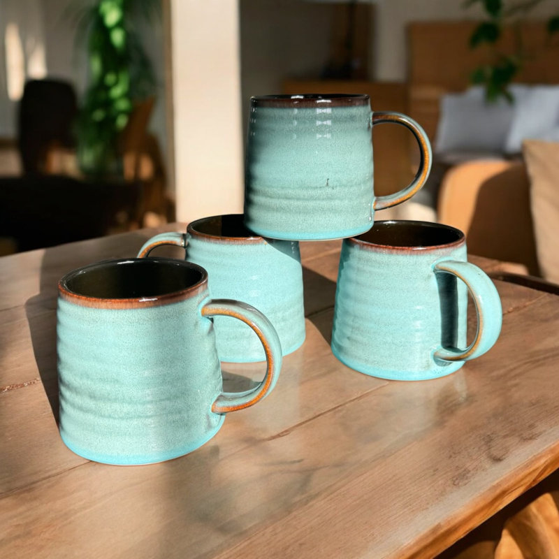 Teal Blue Gorlest Reactive Glaze Ceramic Craft Artisan Coffee Mug Set of 4